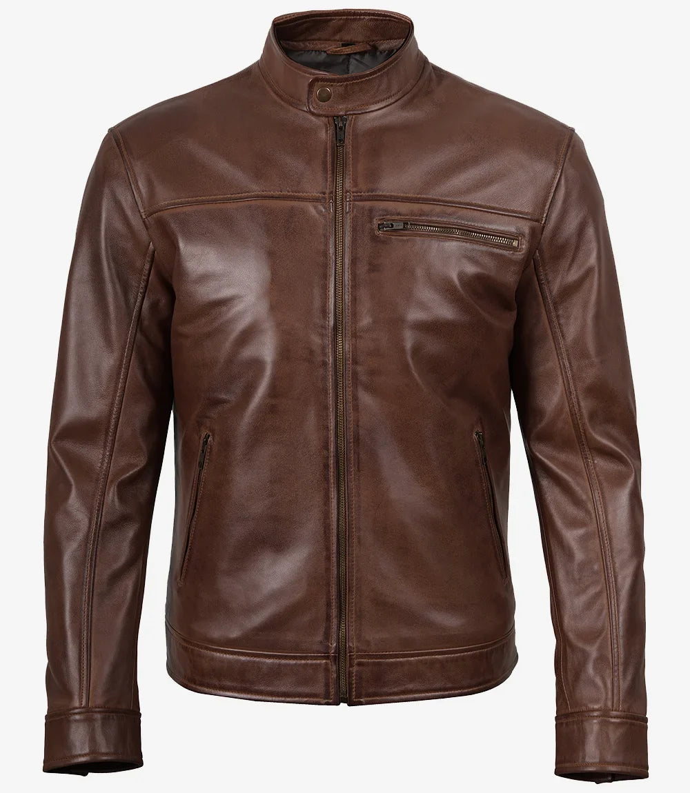 Bickford Men's Cognac Brown Real Leather Biker Jacket
