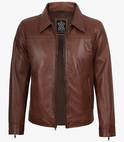 Mark Men's Cognac Brown Harrington Leather Jacket
