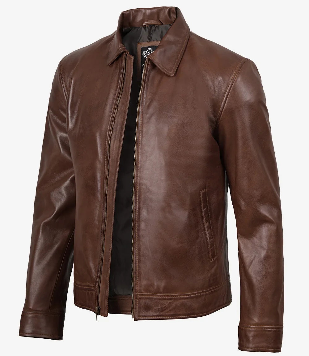 Men's Cognac Brown Harrington Leather Jacket | Buttoned-Cuff