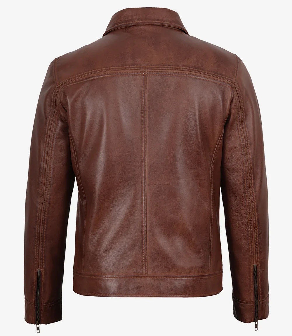 Mark Men's Cognac Brown Harrington Leather Jacket