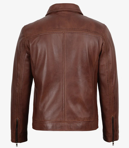 Mark Men's Cognac Brown Harrington Leather Jacket