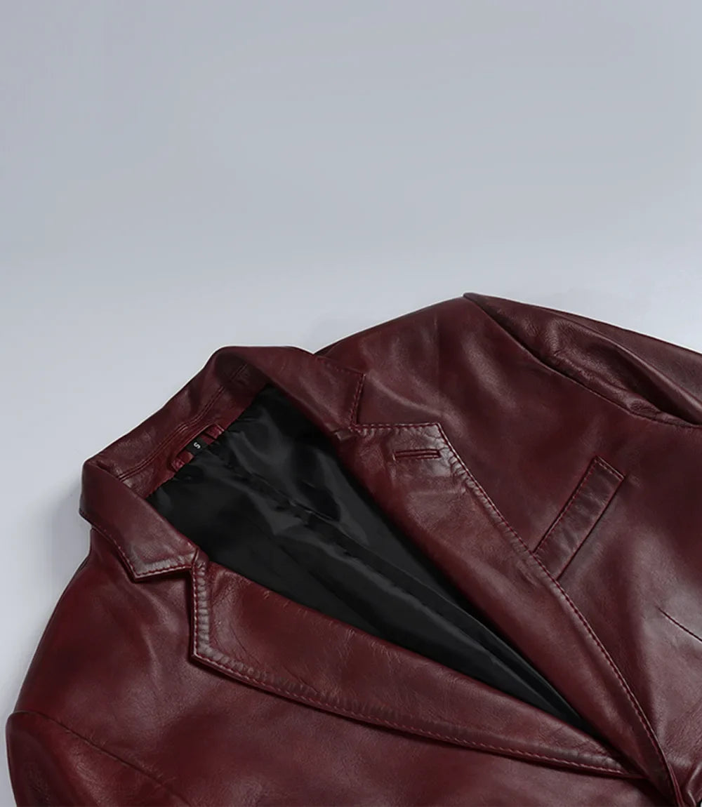 Men's Burgundy Wax Lambskin Leather Blazer