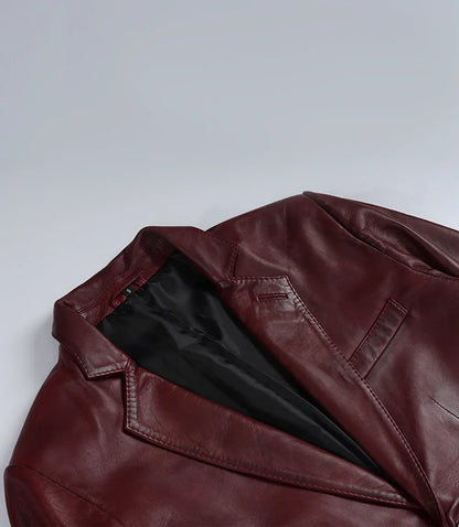 Men's Burgundy Wax Lambskin Leather Blazer