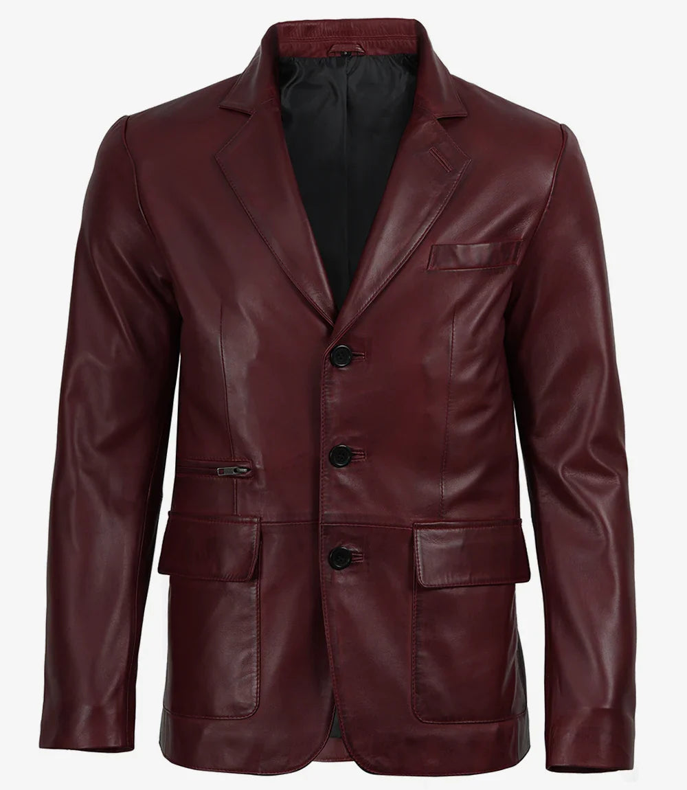 Eliseo Men's Burgundy Lambskin Leather Blazer - Three Button Style