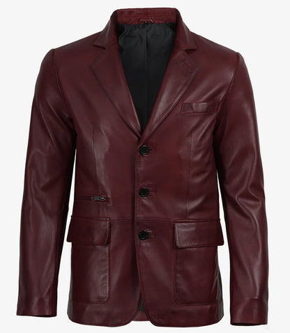 Eliseo Men's Burgundy Lambskin Leather Blazer - Three Button Style