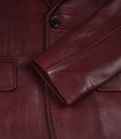 Men's Two Button Notch Lapel Burgundy Waxed Leather Blazer