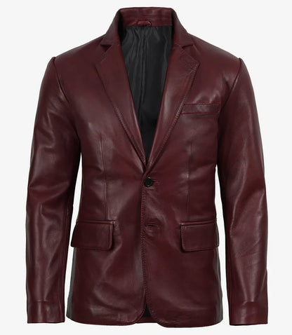 Men's Burgundy Wax Lambskin Leather Blazer