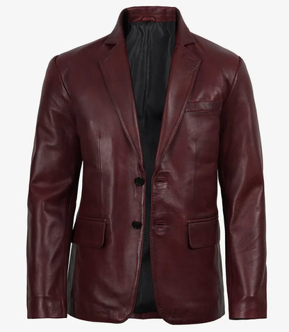 Men's Two Button Notch Lapel Burgundy Waxed Leather Blazer