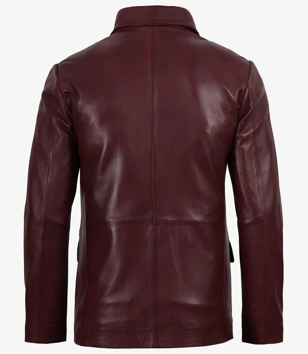 Men's Two Button Notch Lapel Burgundy Waxed Leather Blazer