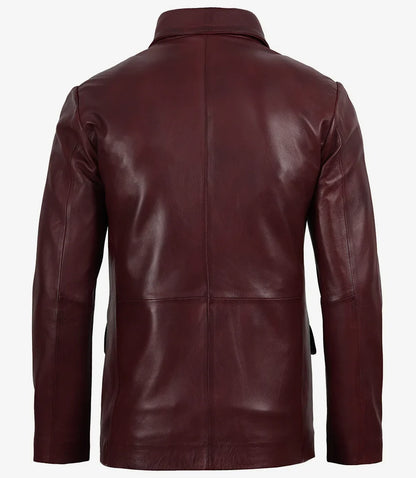 Men's Two Button Notch Lapel Burgundy Waxed Leather Blazer