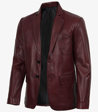 Men's Two Button Notch Lapel Burgundy Waxed Leather Blazer