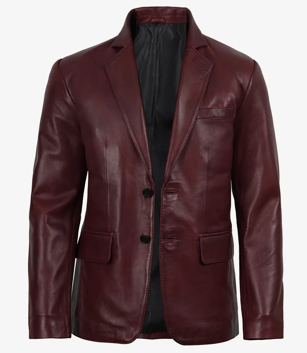 Men's Burgundy Wax Lambskin Leather Blazer