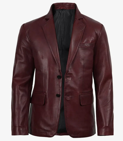 Men's Burgundy Wax Lambskin Leather Blazer