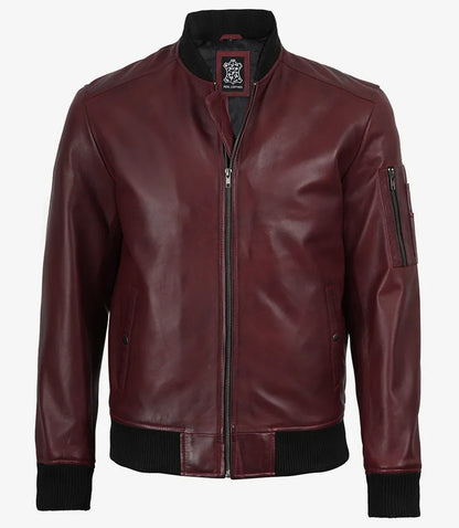 Men’s Burgundy Waxed Leather Flight Bomber Jacket