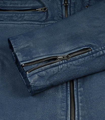 Mens Blue Washed Cafe Racer Leather Jacket
