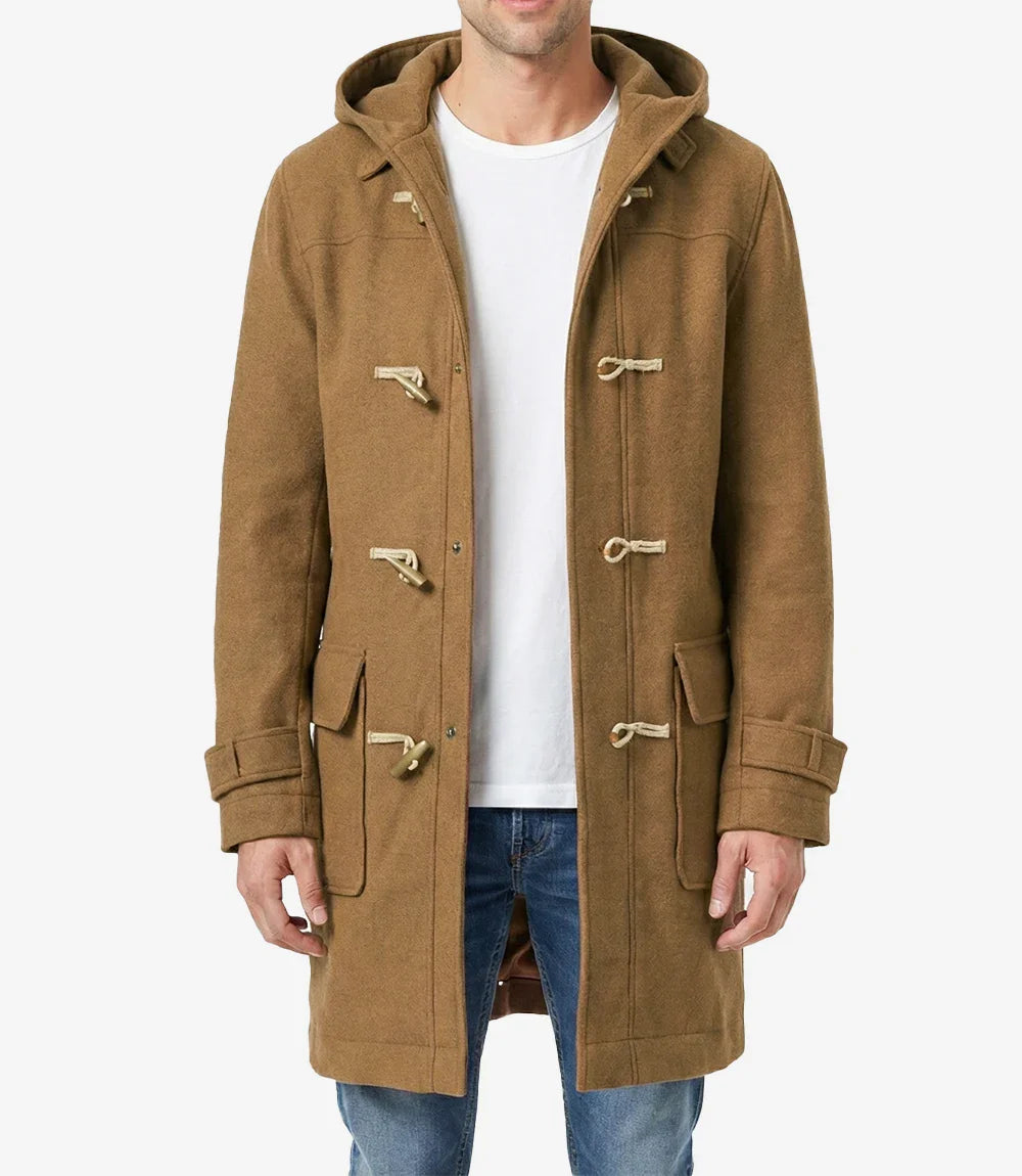 Mens Camel Brown Hooded Duffle Wool Coat