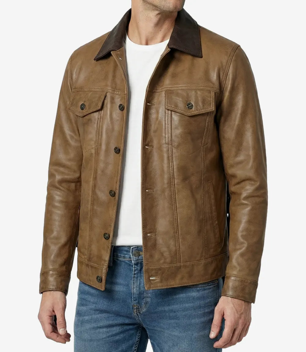 Men's Camel Wax Trucker Leather Jacket with Dark Brown Collar