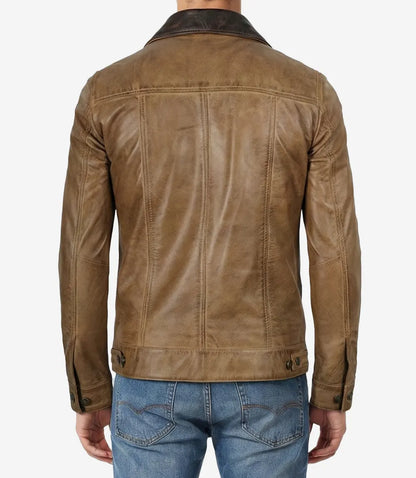 Mens Dark Brown Collar Camel Waxed Leather Trucker Jacket