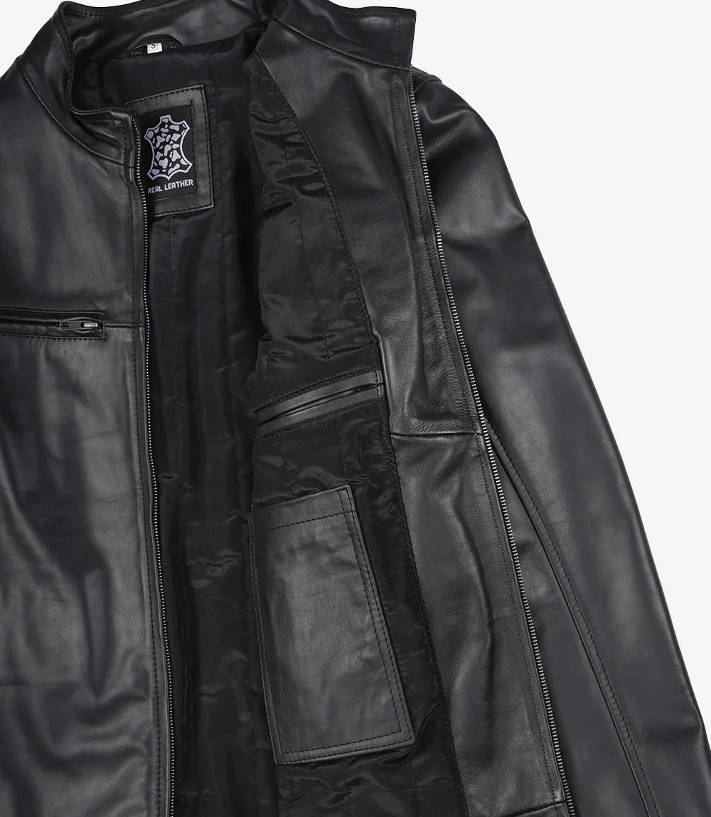 Mens Classic Black Cowhide Biker Style Leather Jacket