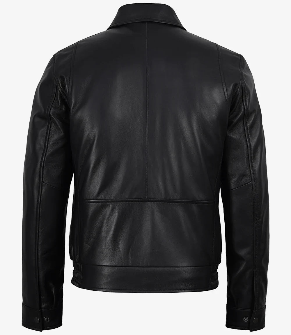Black Classic Shirt Collar Leather Bomber Jacket for Men