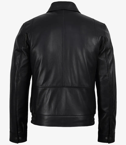 Black Classic Shirt Collar Leather Bomber Jacket for Men