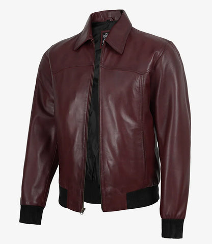 Men's Maroon Waxed Leather Bomber Jacket with Shirt Collar