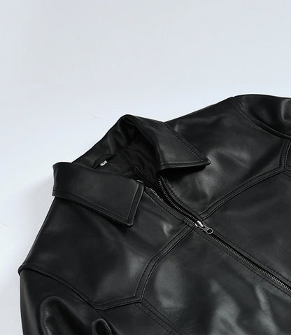 Men’s Premium Black Leather Bomber Jacket – Classic Shirt Collar