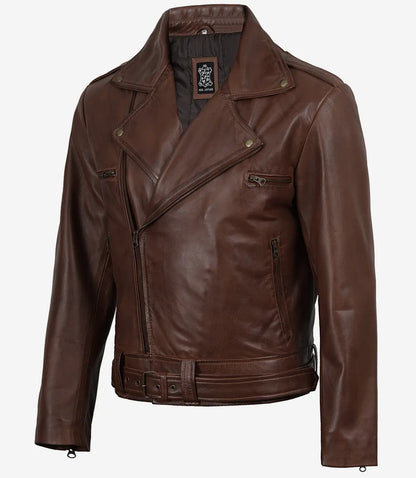 Mens Cognac Waxed Asymmetrical Biker Style Leather Jacket