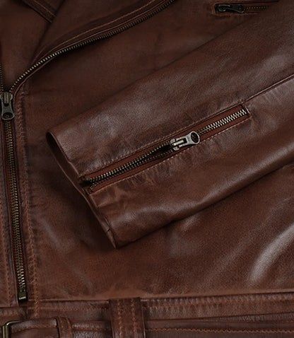Mens Cognac Waxed Asymmetrical Biker Style Leather Jacket