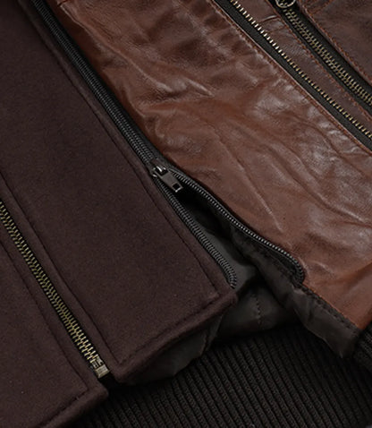 Mens Cognac Waxed Bomber Leather Jacket With Hood