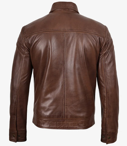 Men's Cognac Brown Harrington Leather Jacket | Buttoned-Cuff