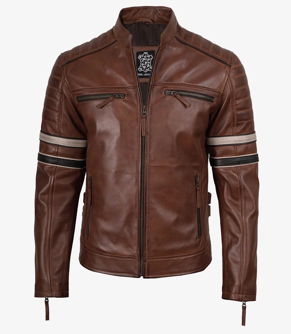 Mens Real Leather Cognac Biker Style Jacket With Dual Stripes