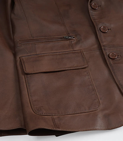 Mens Three Button Cognac Waxed Leather Blazer - Notch Lapel