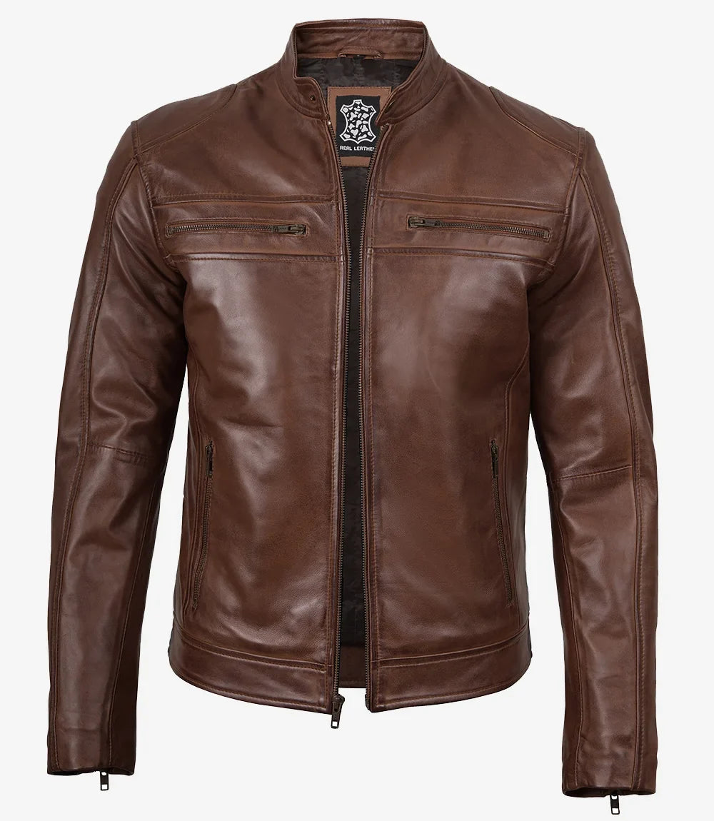 Men’s Cognac Brown Cafe Racer Lambskin Leather Jacket