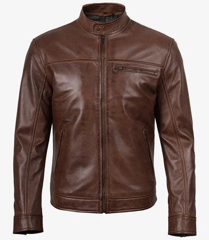 Mens Real Leather Cognac Biker Style Leather Jacket
