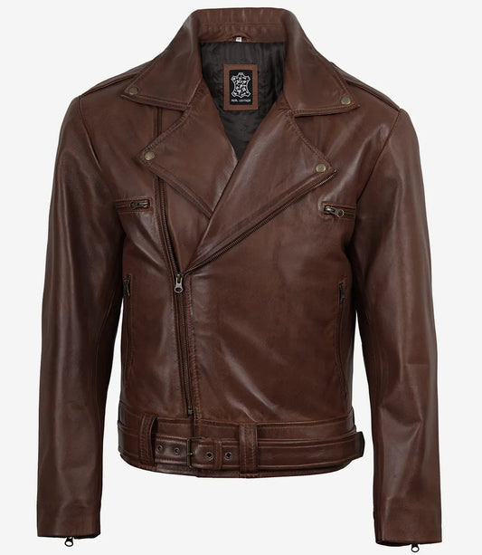 Mens Cognac Waxed Asymmetrical Biker Style Leather Jacket