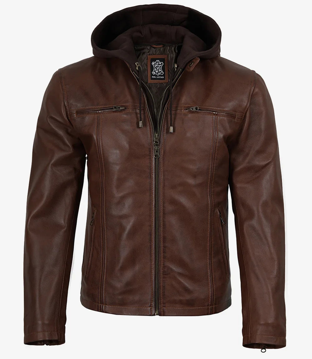 Mens Cognac Waxed Biker Style Leather Jacket with Hood