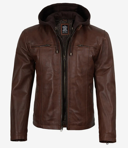 Mens Cognac Waxed Biker Style Leather Jacket with Hood