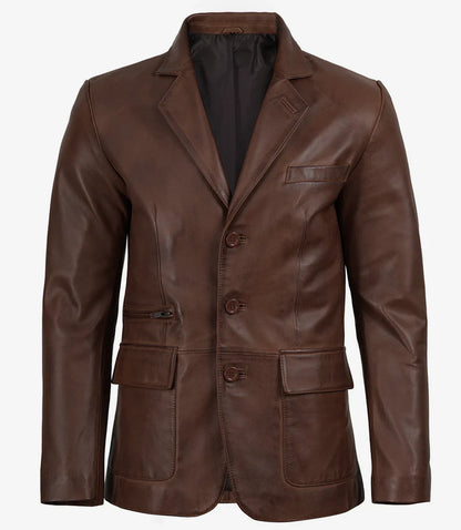 Mens Three Button Cognac Waxed Leather Blazer - Notch Lapel