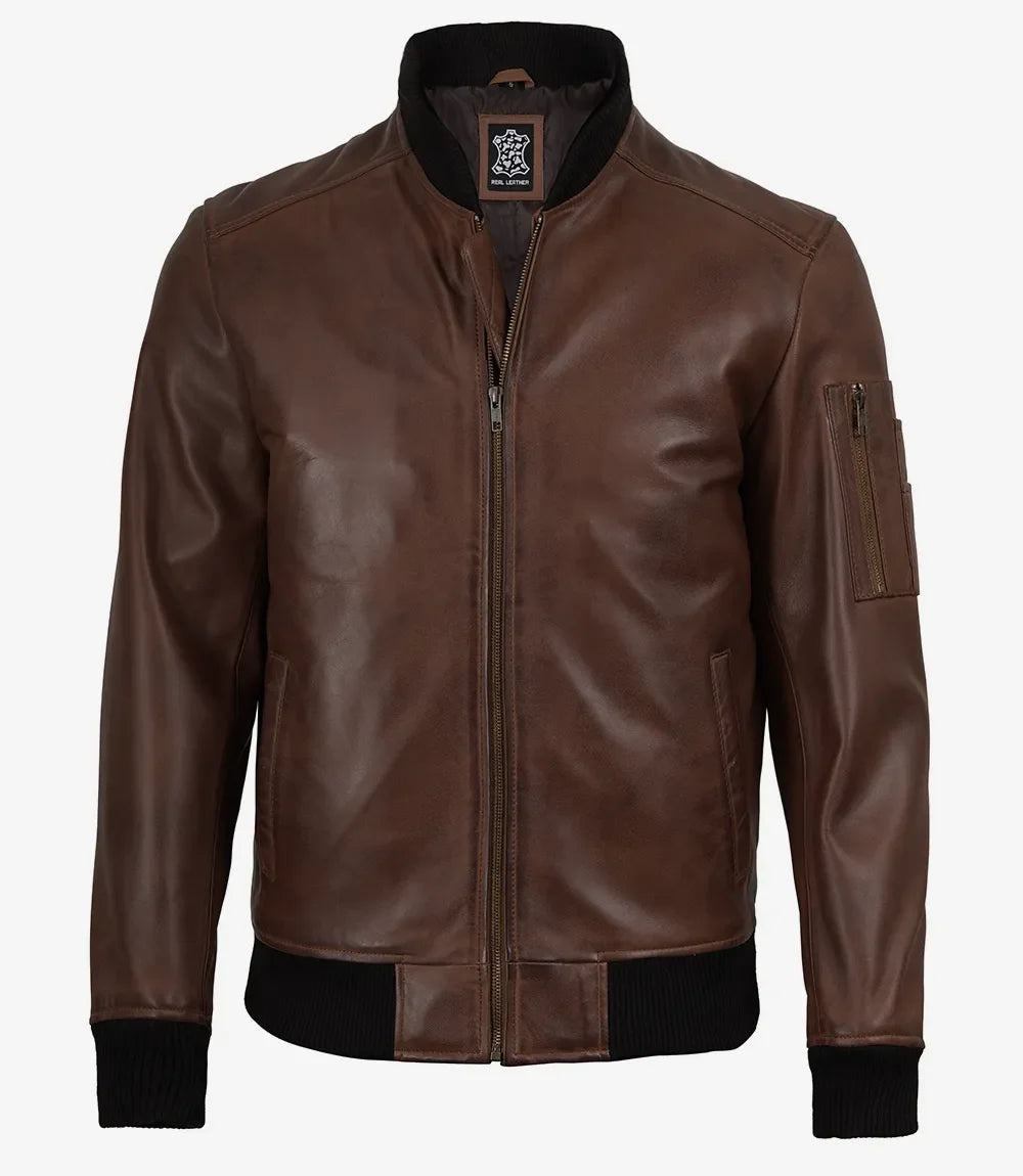 Men's Cognac Waxed Real Leather Bomber Jacket