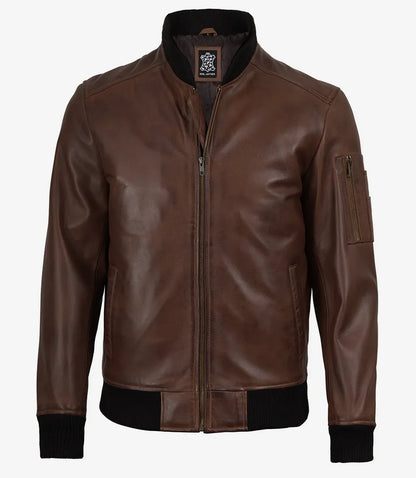 Men's Cognac Waxed Real Leather Bomber Jacket