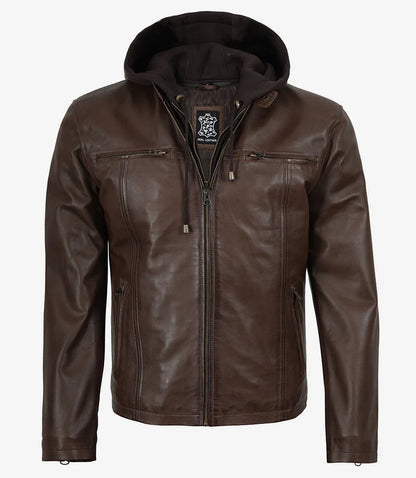 Mens Dark Brown Biker Style Leather Jacket with Hood