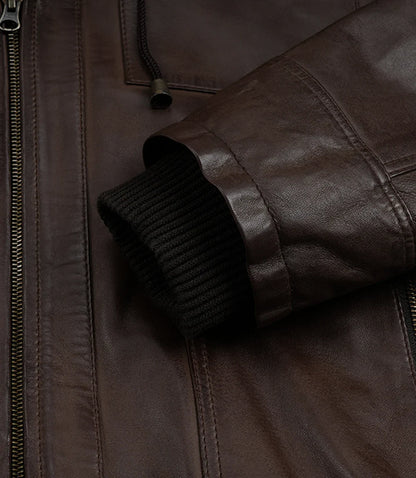 Mens Dark Brown Bomber Leather Jacket With Hood