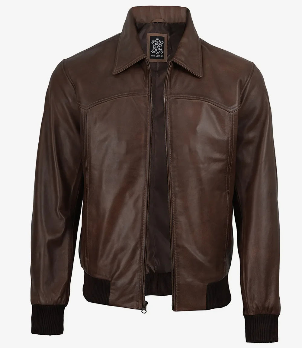 Mens Classic Dark Brown Leather Bomber Jacket