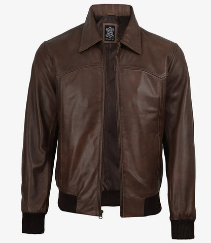 Mens Classic Dark Brown Leather Bomber Jacket