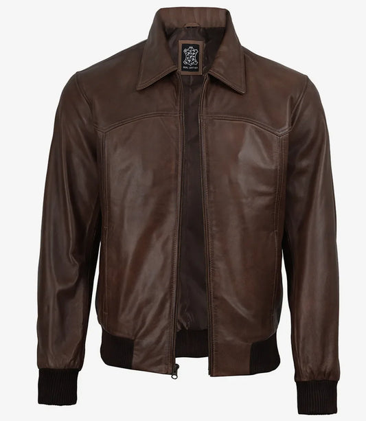 Mens Classic Dark Brown Leather Bomber Jacket