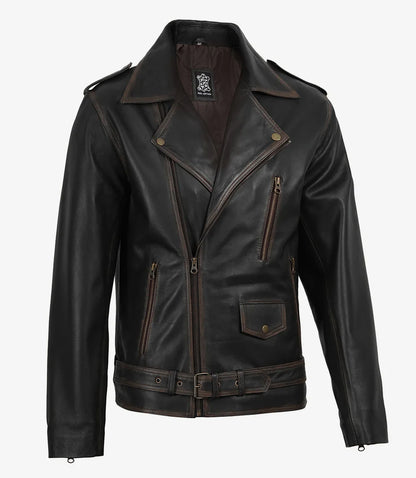 Men's Distressed Dark Brown Leather Biker Style Jacket with Belt