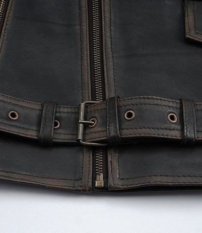 Men's Distressed Dark Brown Leather Biker Style Jacket with Belt