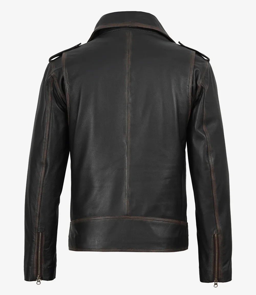 Men's Distressed Dark Brown Leather Biker Style Jacket with Belt