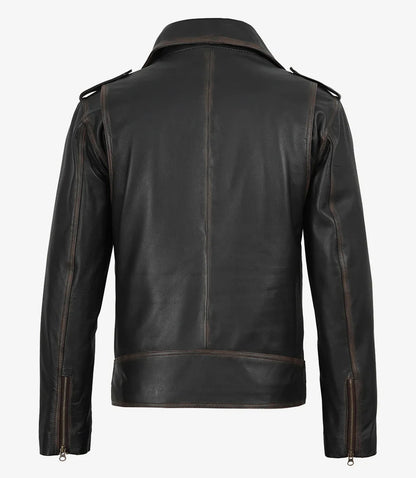 Men's Distressed Dark Brown Leather Biker Style Jacket with Belt